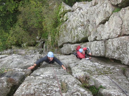 Steep climbing on Pinnacle Buttress, the Dewerstone.