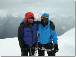 Cold summit day, mitts and down jackets on.