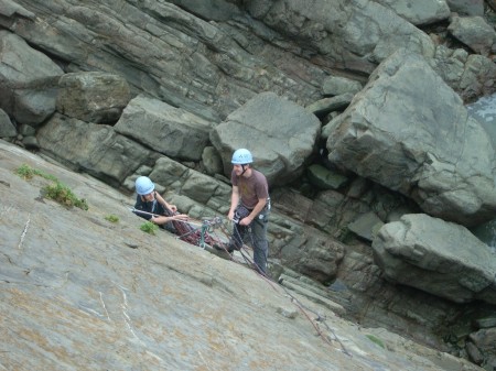 The belay (just after the crux) on Kinky Boots, Baggy point.