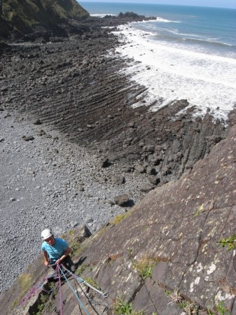 The Mighty Wreckers slab, looking down at the first belay.