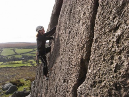 One of the many short, quality granite crack climbs at Sheeps Tor.