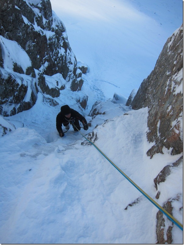 Mark following the first pitch of Left Twin, Aonach Mor