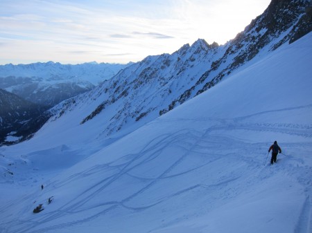 Below the col des Ecandies. The benefits of early season touring - cold fresh powder!