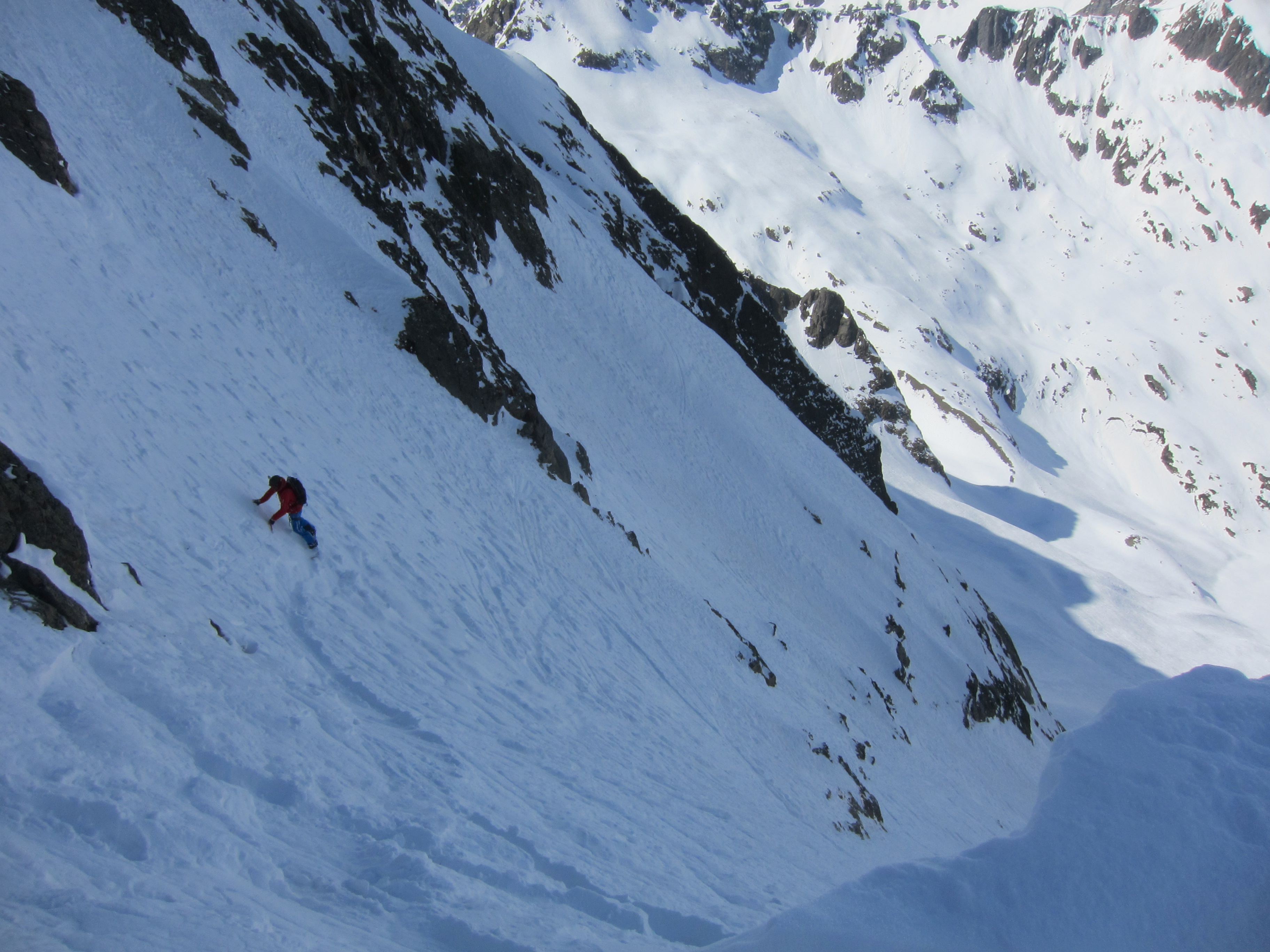 The steep and exposed initial couloir, no fall zone.