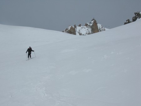 Spring skiing, on untracked snow below the Midi