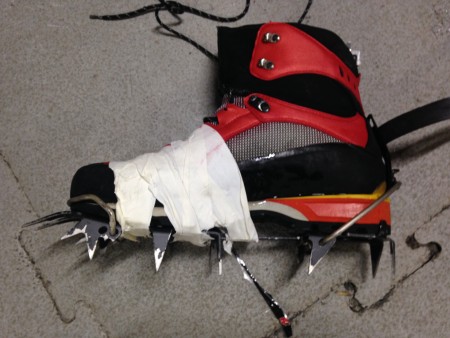 Someones crampon setup at the gouter hut, not recommended