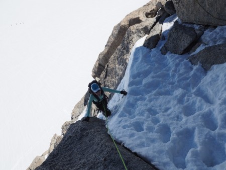 Sarah climbing on the traverse of Pointe Lachenel