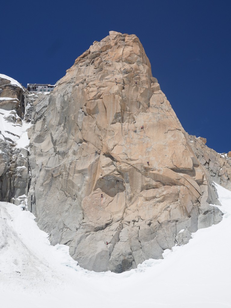 South face of the Aiguille du Midi seeing lots of traffic