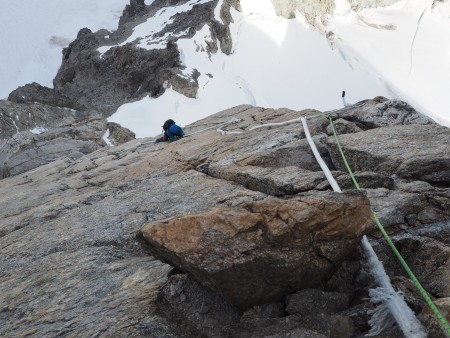 Fixed ropes on the slabs, Dent du Geant