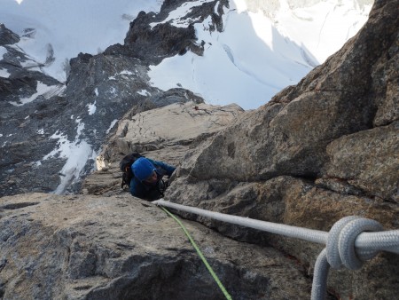 Steep and strenuous "climbing" on the upper pitches.