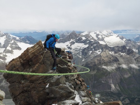 Just before the fixed ropes on the Matterhorn. Windy conditions.