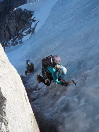 Pat and Phoebe climbing the steeper ice pitch at the top of the Frendo Spur